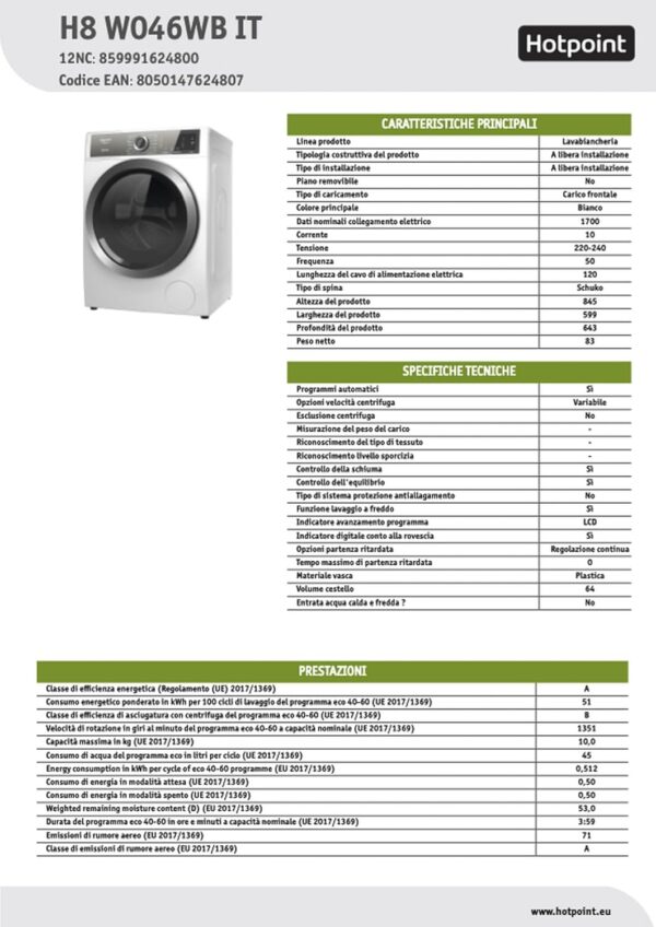LAVATRICE HOTPOINT ARISTON 10 KG 1400 GIRI H8 W046WBIT - immagine 2