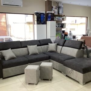 DIVANO ANGOLARE MOD. AREZZO TESSUTO DIANA 600/100 CON LETTO ESTRAIBILE, POUF CONTENITORE + 2 POUF