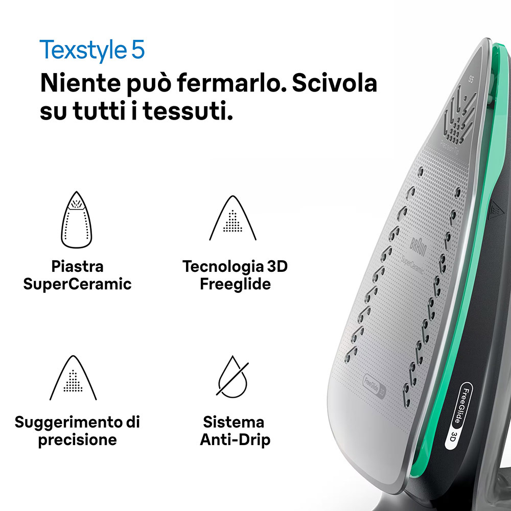 Braun TexStyle 5 (Mod. SI5277GR) – Ferro da Stiro a Vapore 2700W, Piastra FreeGlide 3D, Colpo Vapore 220g/min, Auto-Spegnimento, Nero/Verde - immagine 5