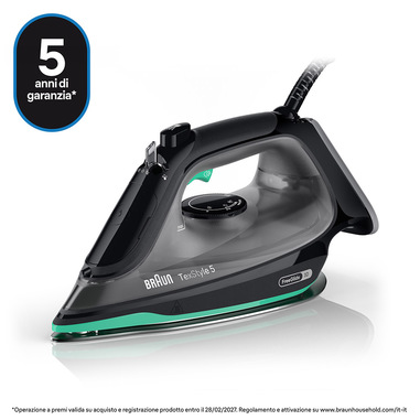 Braun TexStyle 5 (Mod. SI5277GR) – Ferro da Stiro a Vapore 2700W, Piastra FreeGlide 3D, Colpo Vapore 220g/min, Auto-Spegnimento, Nero/Verde