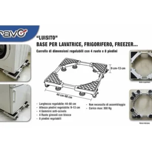 Bravo (Cod. 93003007) – Base Regolabile con Ruote per Lavatrice, Frigorifero e Freezer, Portata 300 kg