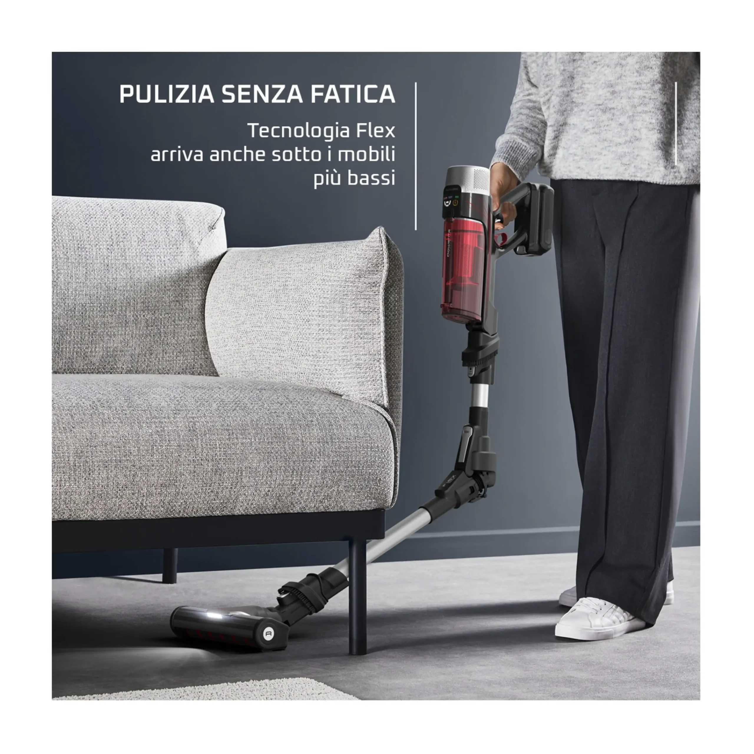 Rowenta (Mod. RH2087) – Scopa Ricaricabile Senza Filo, Potenza 250W, Autonomia fino a 45 Minuti, Contenitore 0,44 Litri, Acciaio e Rosso - immagine 2